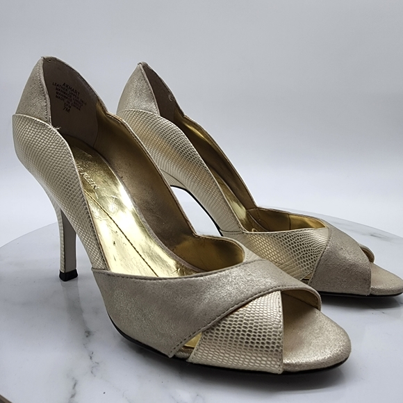 Aus 7 Anne Klein Gold Metallic Leather Open Toe Heels - Picture 5 of 16